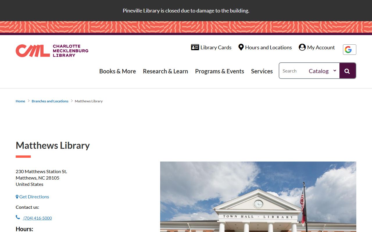 Matthews phone directory library branch phone and hours