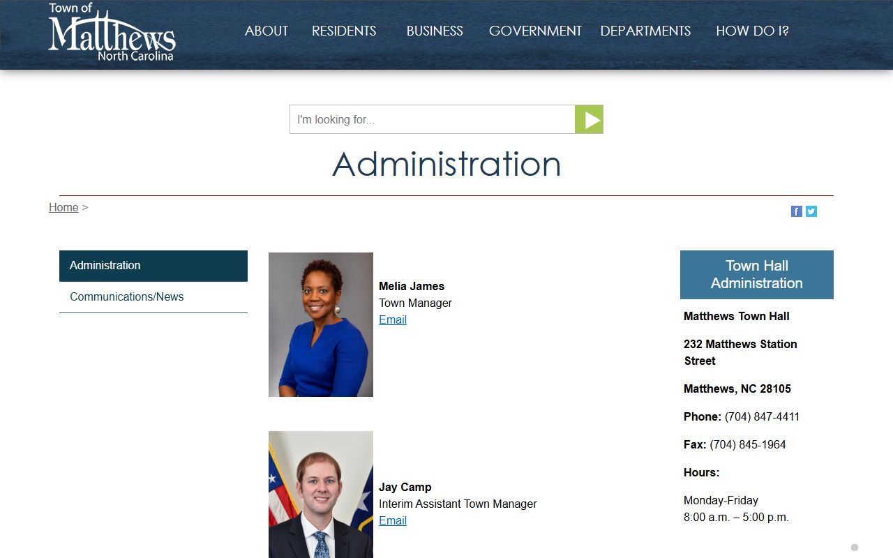 Matthews phone directory Town Hall administration contact page