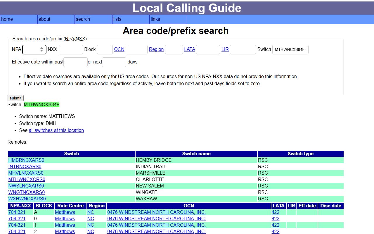 Matthews phone area codes Local Calling Guide NPA-NXX reference